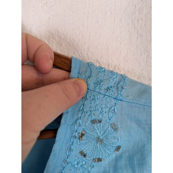 Beaded Boho Linen Tunic Blouse Womens 14 16 Aqua Blue Lagenlook Hippie Fairy - Picture 8 of 9